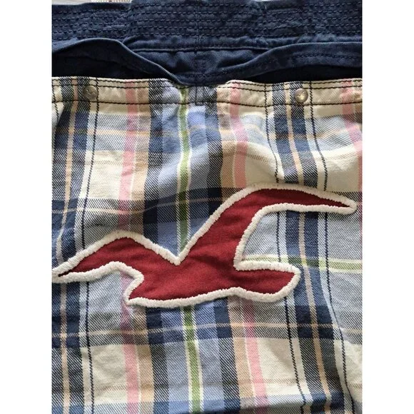 Hollister Blue Canvas Plaid Tote Bag With Red Logo & Cream Straps Y2K Preppy - Picture 2 of 8